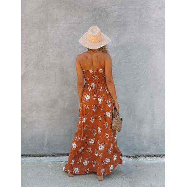 Farhan Floral Strapless Smocked Maxi Dress - Rust