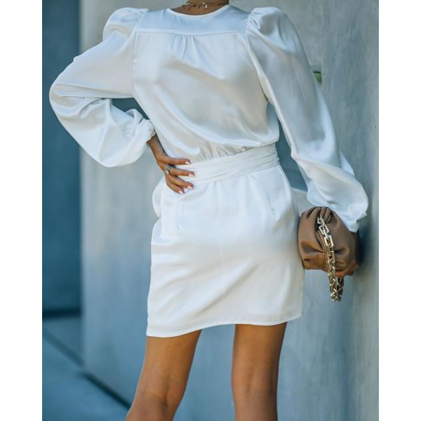 Penni Satin Balloon Sleeve Wrap Dress - Ivory