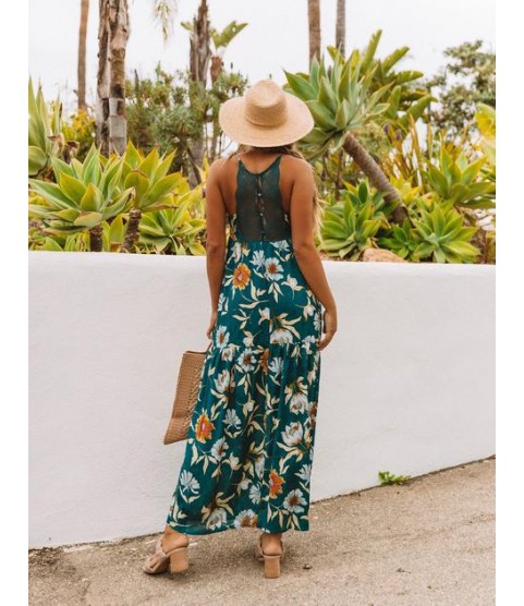 Hues Of Autumn Floral Lace Maxi Dress - Teal