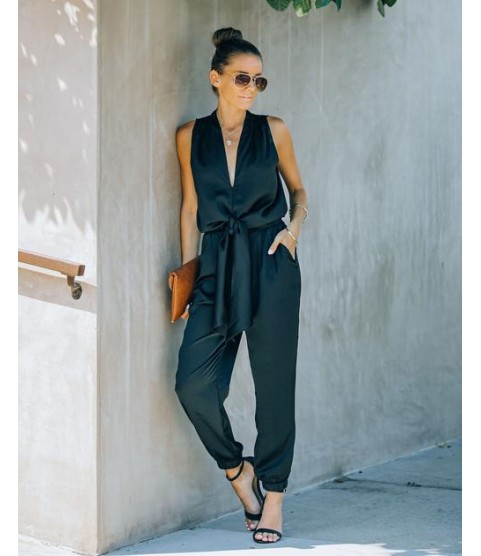 Upstage Pocketed Tie Front Satin Jumpsuit