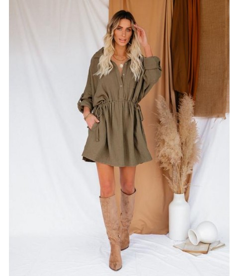 Remy Cotton Pocketed Shirt Dress - Olive