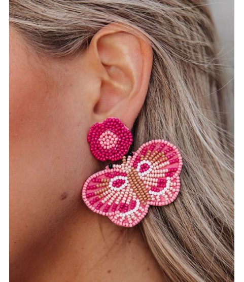 Fly Away Beaded Statement Earrings - Pink